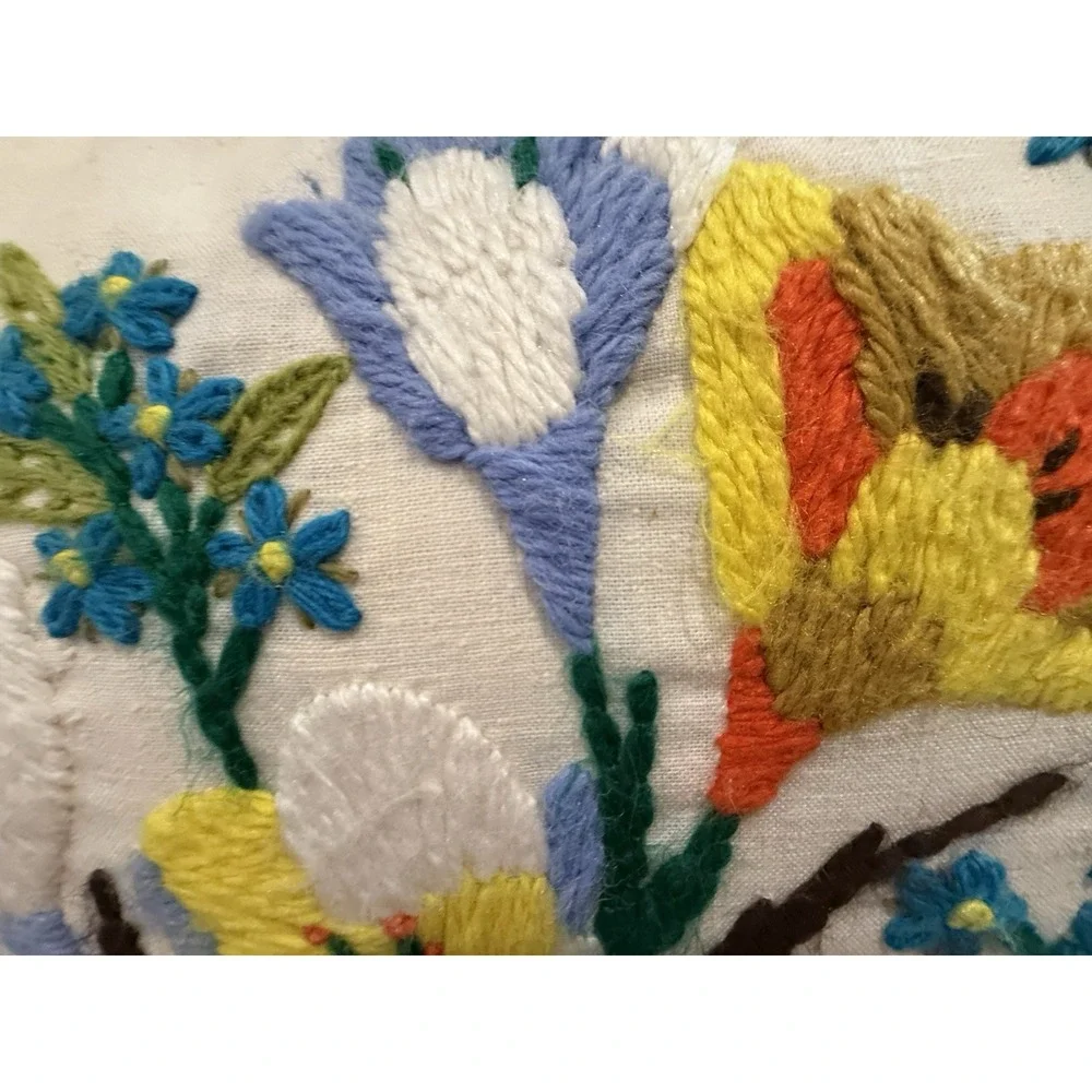 Vintage Hand-Embroidered Floral Throw Pillow with Crochet Trim 13